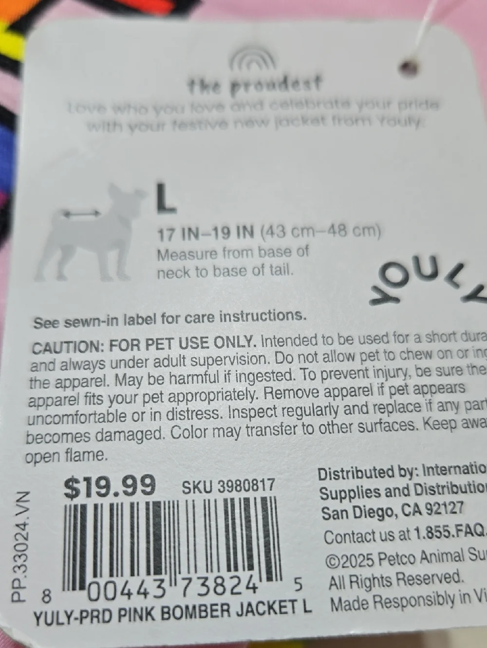 Youly Pride Collection Pink Dog Jacket with Rainbow Accents